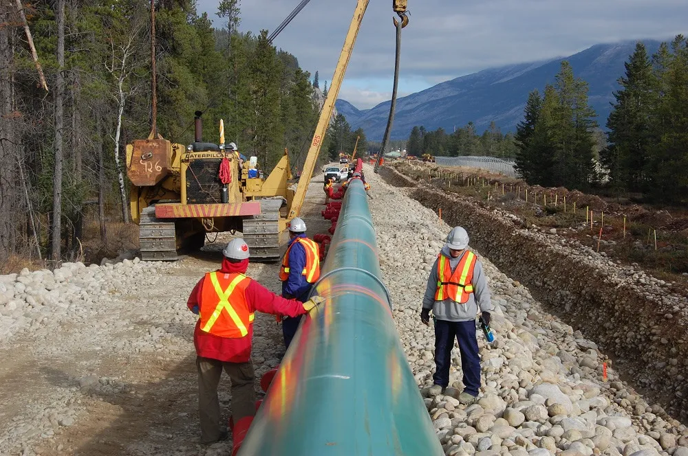 Construction workers working on the Trans-Mountain pipeline in Alberta. They are wearing construction vests and hard hats and working alongside construction machinery to install pieces of pipeline in the mountains.