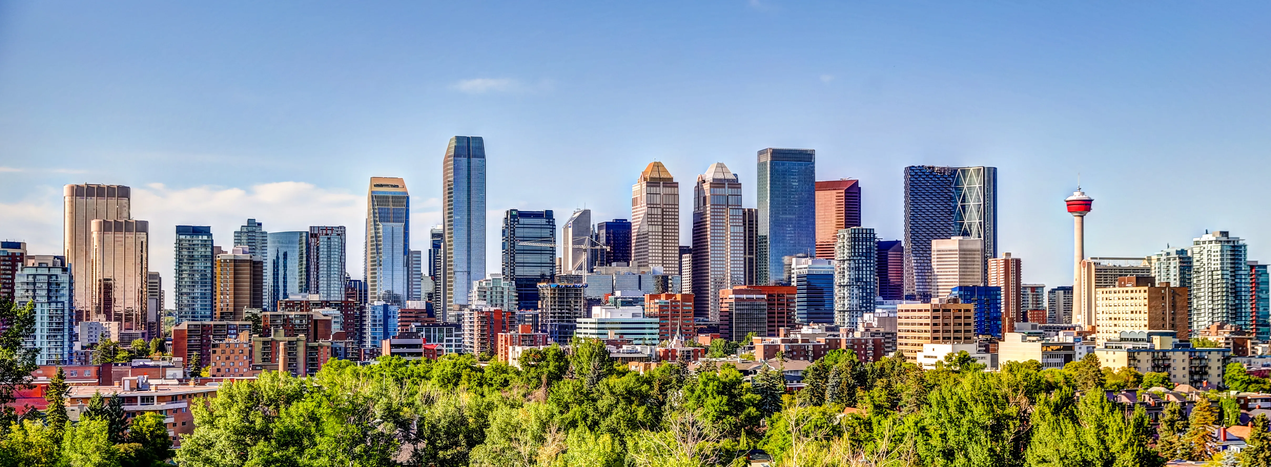 View of the Calgary Skyline on a sunny day in the middle of summer.