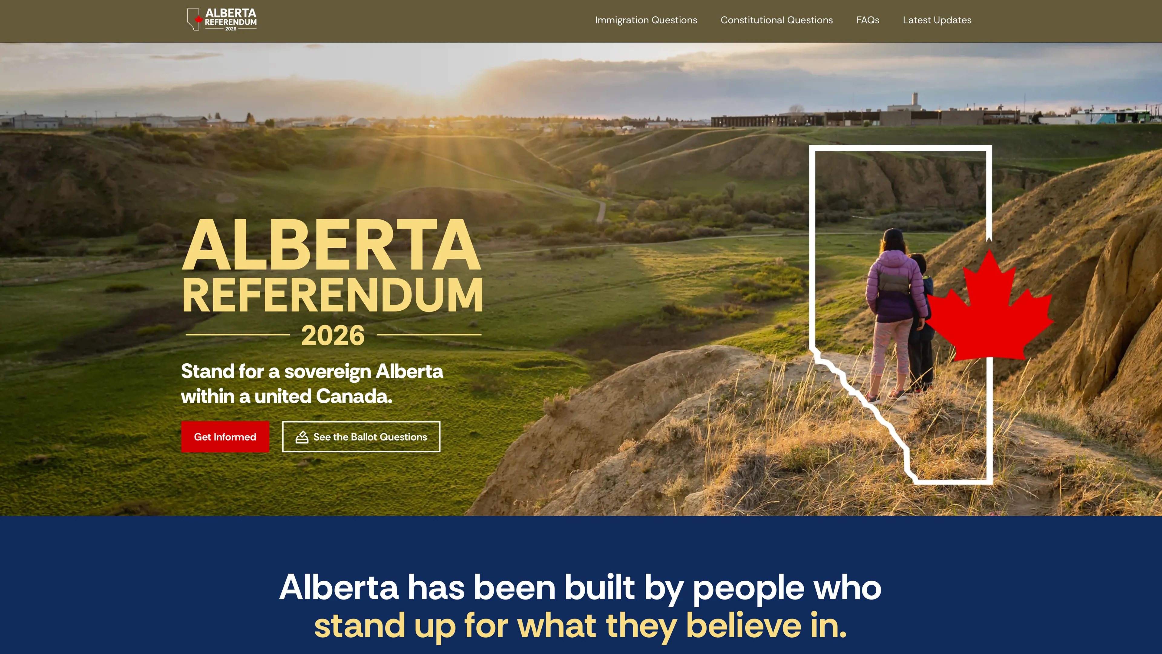 Website hero section with rolling hills at sunset. Left side shows "Alberta Referendum 2026," tagline, and two call-to-action buttons. Right side features an Alberta outline with two people overlooking a valley and a maple leaf. Bottom banner reads, "Alberta has been built by people who stand up for what they believe in."