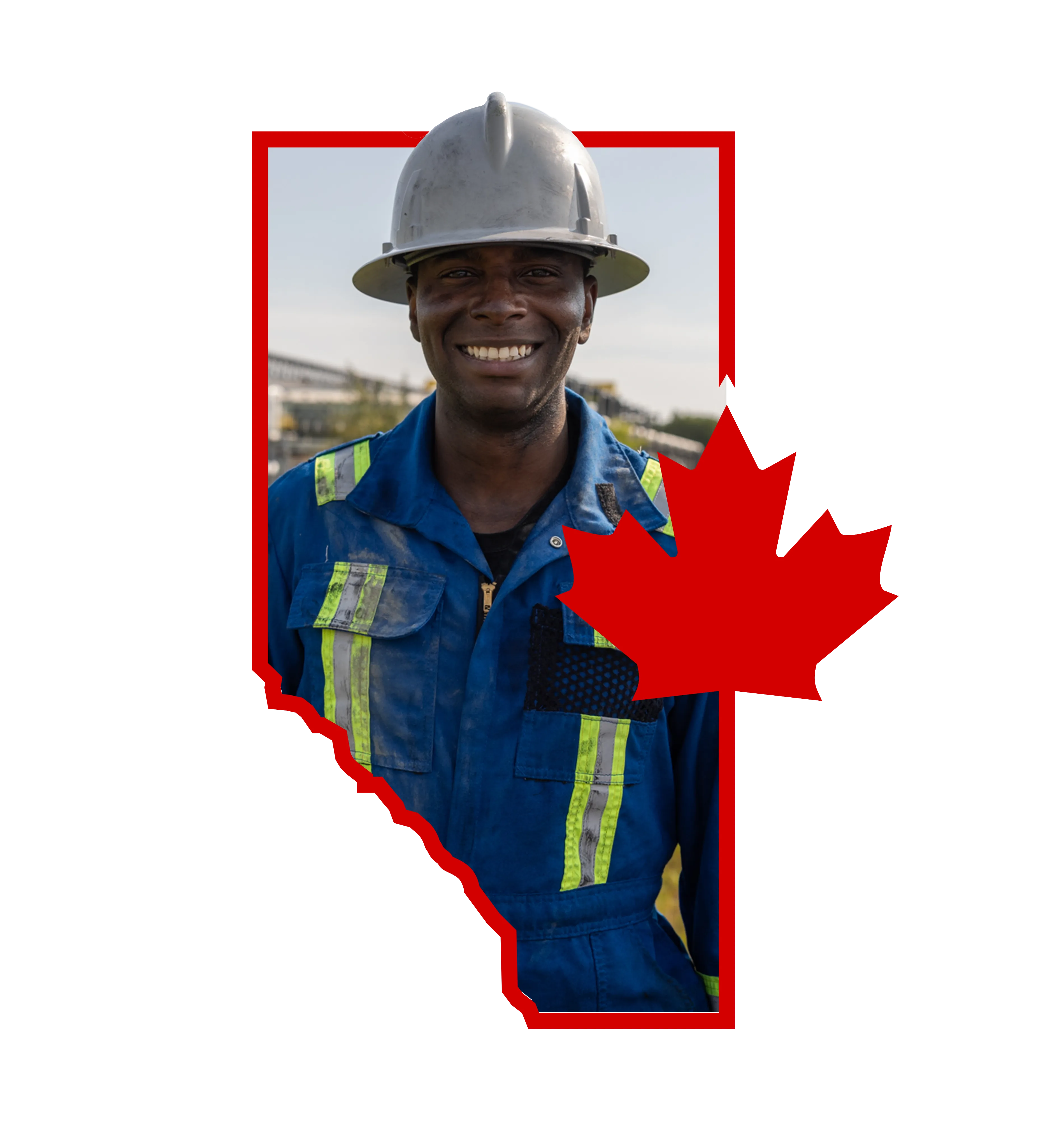 Oil rig worker with hard hat and high visibility jacket on. Standing inside an outline of the province of Alberta
