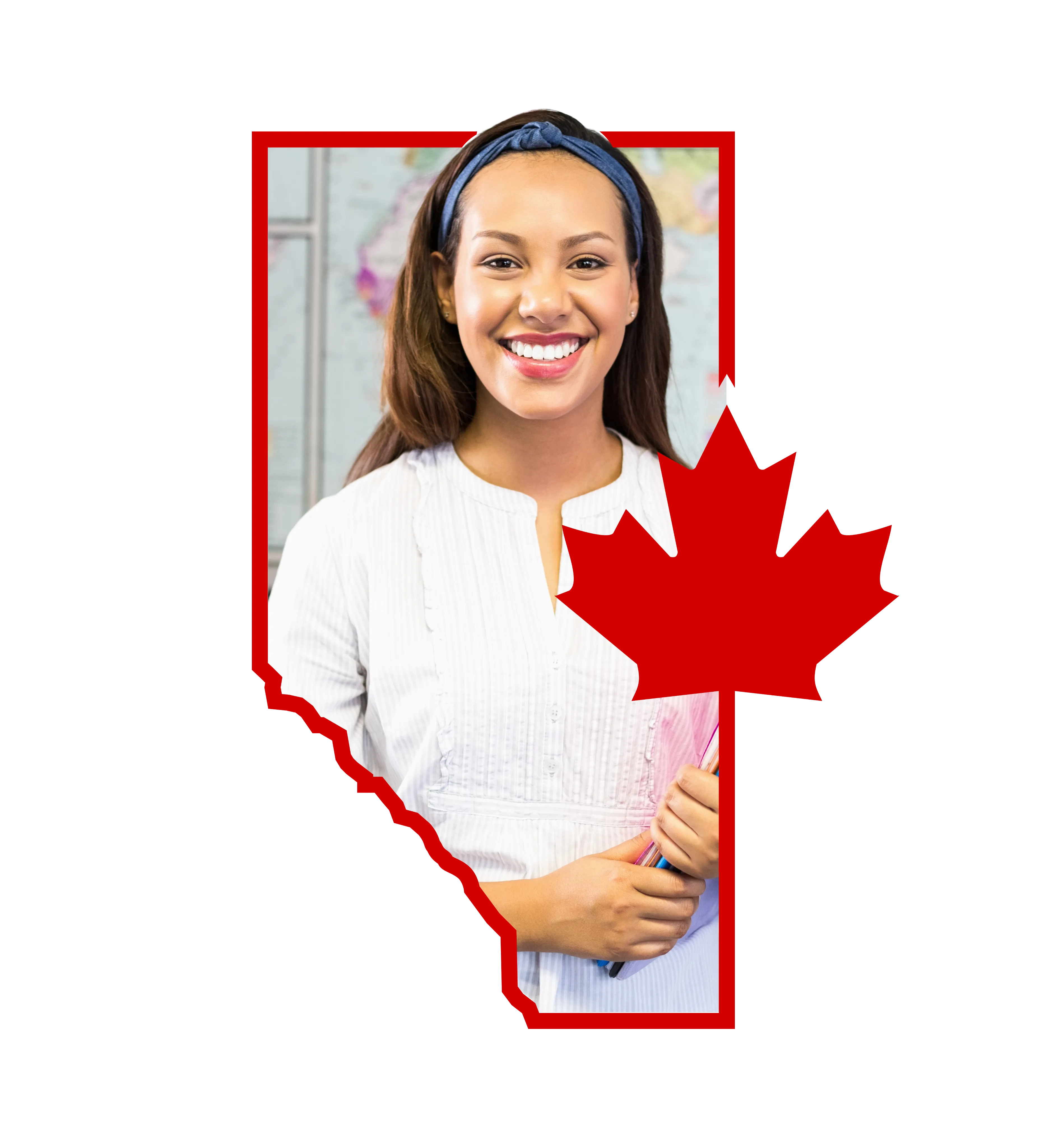 Young woman with brown hair. She is smiling, wearing a white shirt, and looking straight at the camera. She is framed by the provincial outline of Alberta and a red maple leaf.