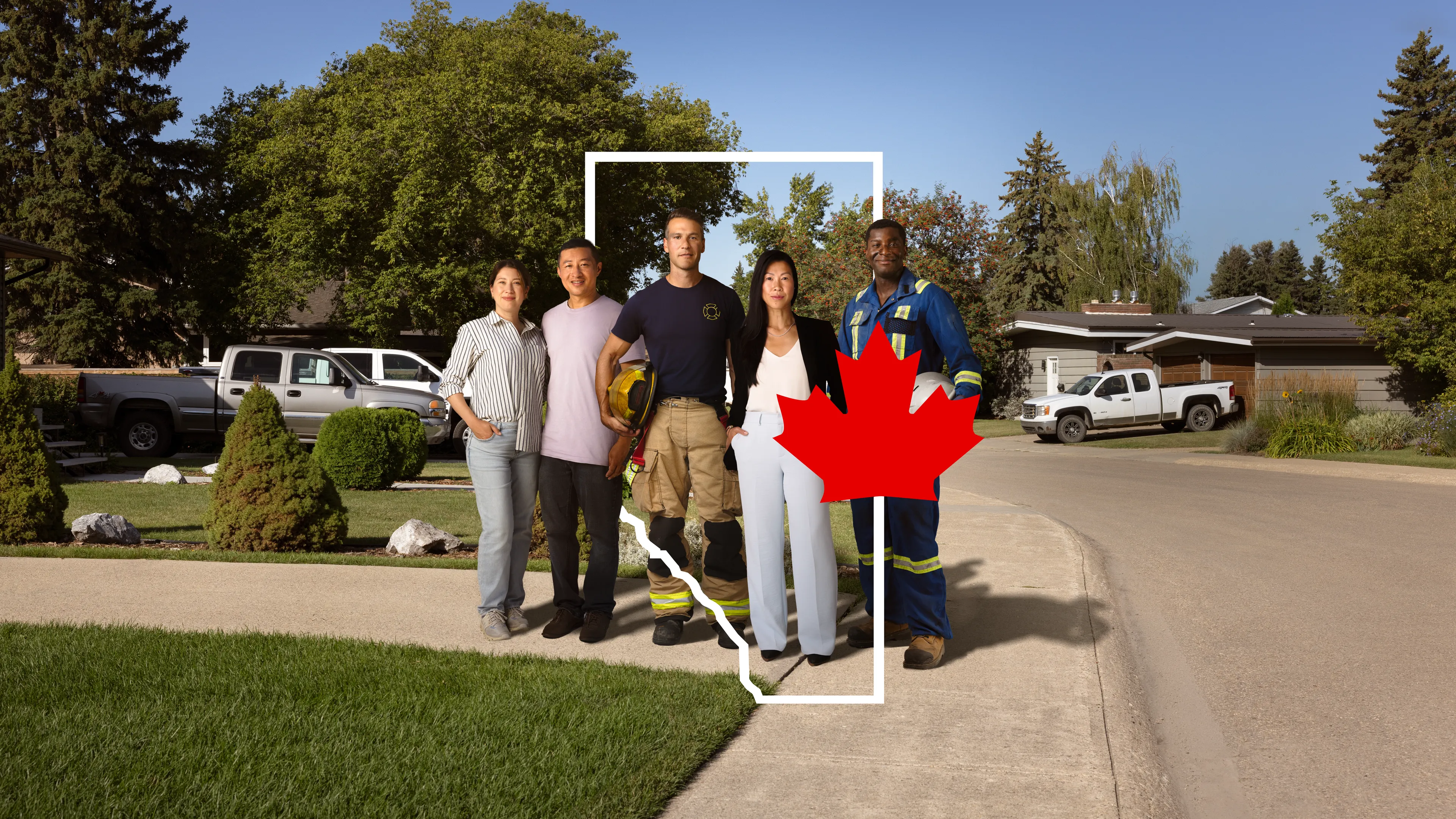 Group gathered outdoors with a red maple leaf graphic