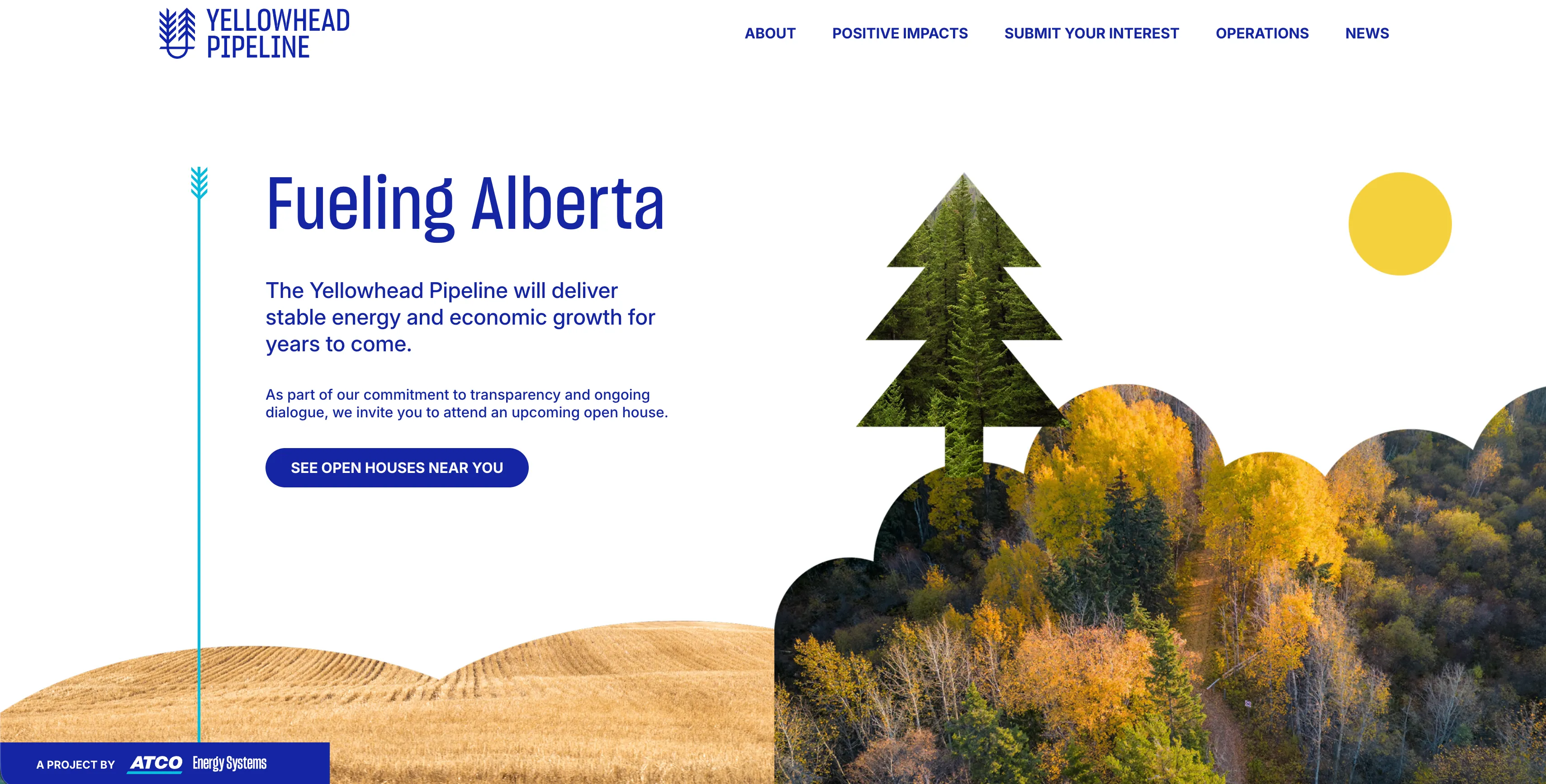 Header image of the Yellowhead Pipeline project including imagery of trees, a wheat field, and a pipeline project site.